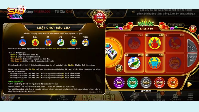 Game bầu cua online trên SaoWin tích hợp thêm tính năng nổ hũ Jackpot cực kỳ hấp dẫn